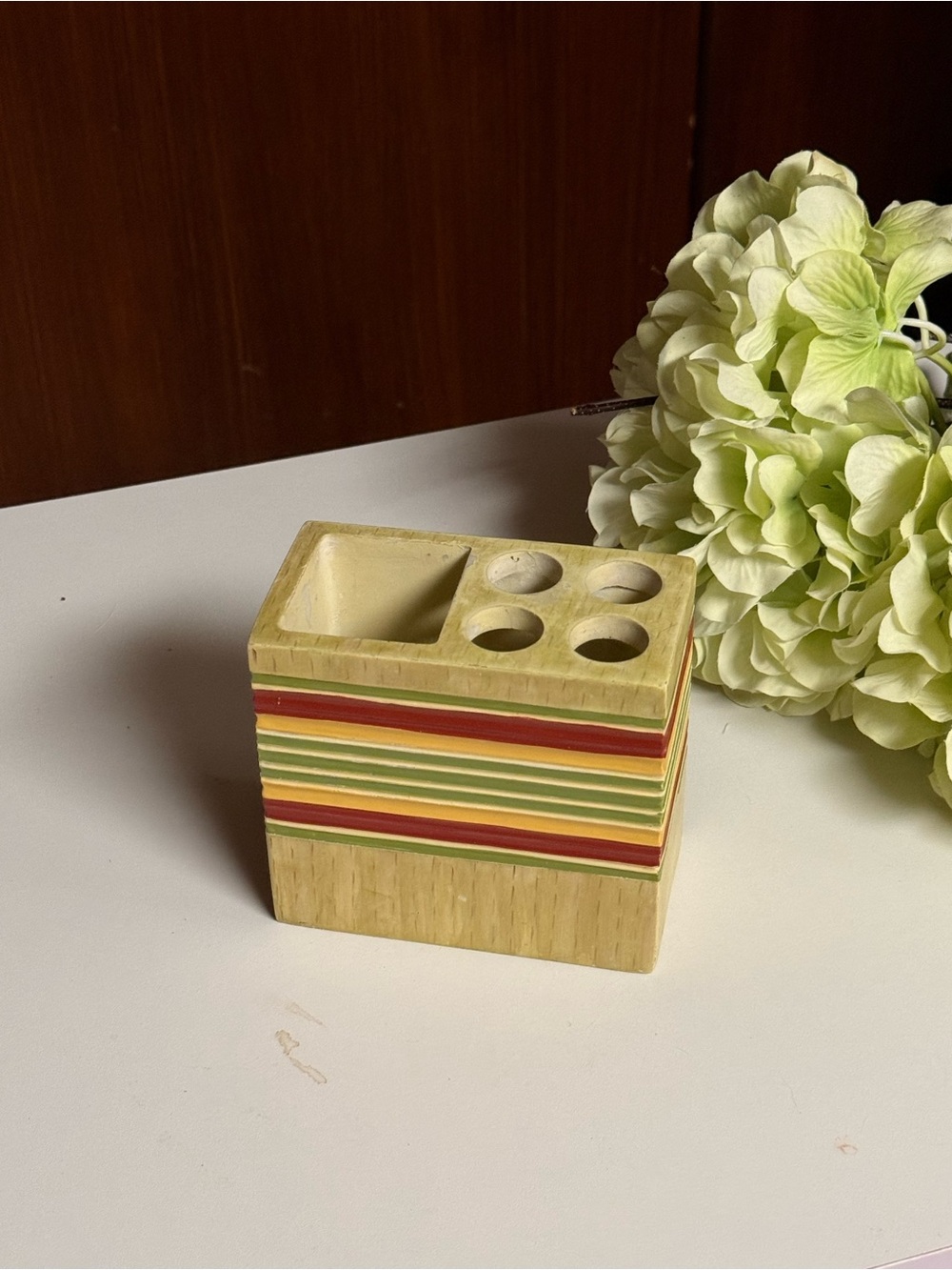 Striped Bamboo Toothbrush Holder - Desk Organizer